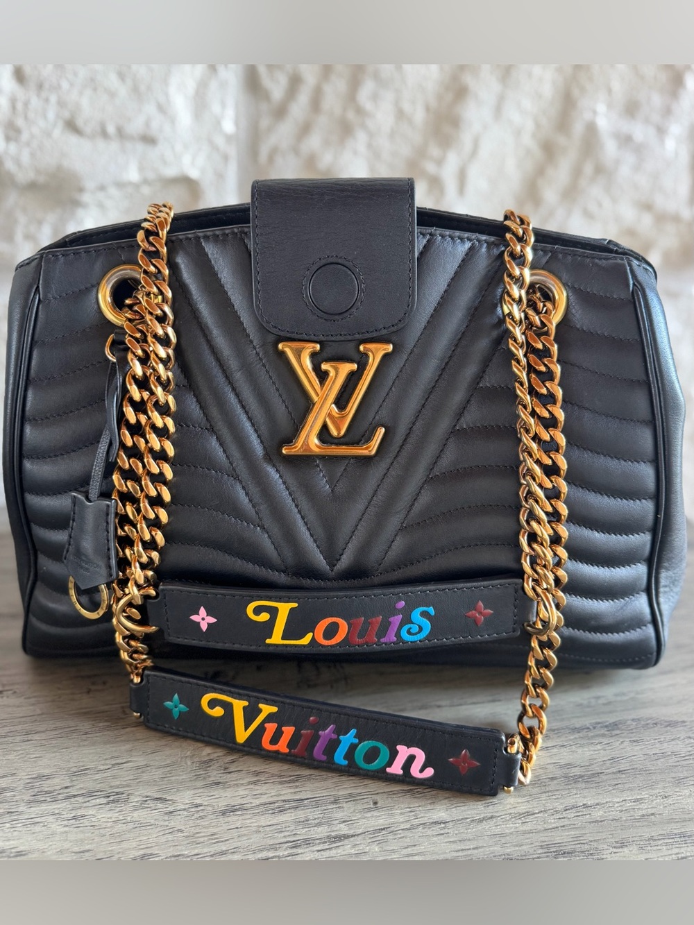 Louis Vuitton New Wave Black Quilted Leather Gold Chain Shoulder Bag Tote